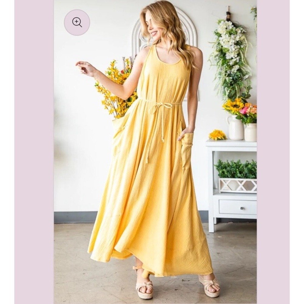 Oli‎ & Hali Yellow Gauze Maxi Dress Boho Sleeveless Pockets Size S NEW $96